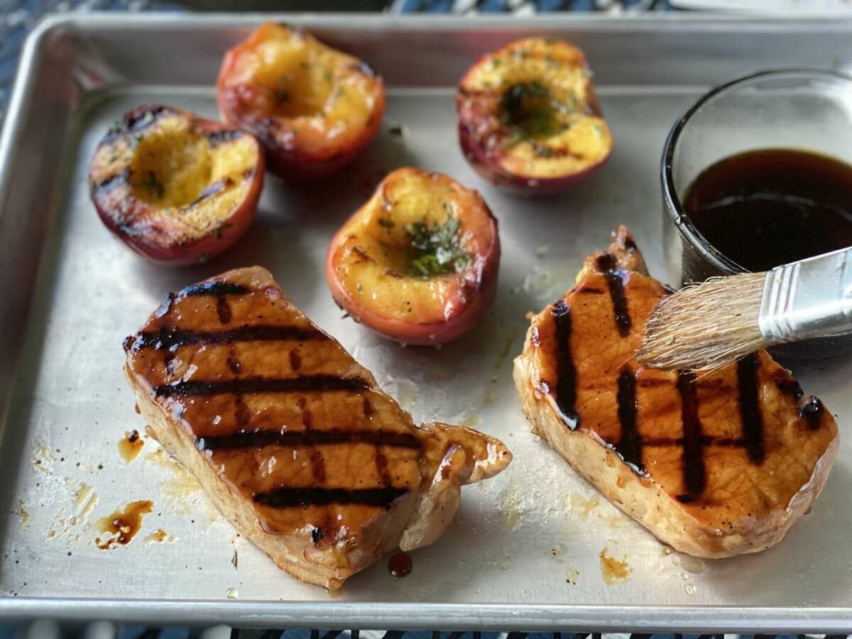 Sweet Tea Brined and Glazed Pork Chops with grilled peaches
