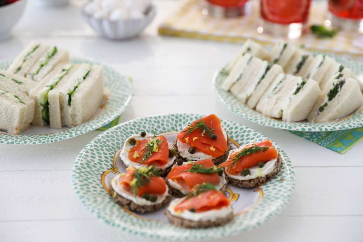 Smoked Salmon open faced Tea Sandwiches on a serving plate