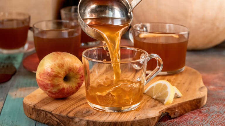 Ladle pouring Hot Apple Tea into a glass mug