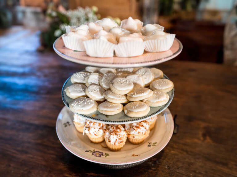 tiered tray laden with tea party pastries