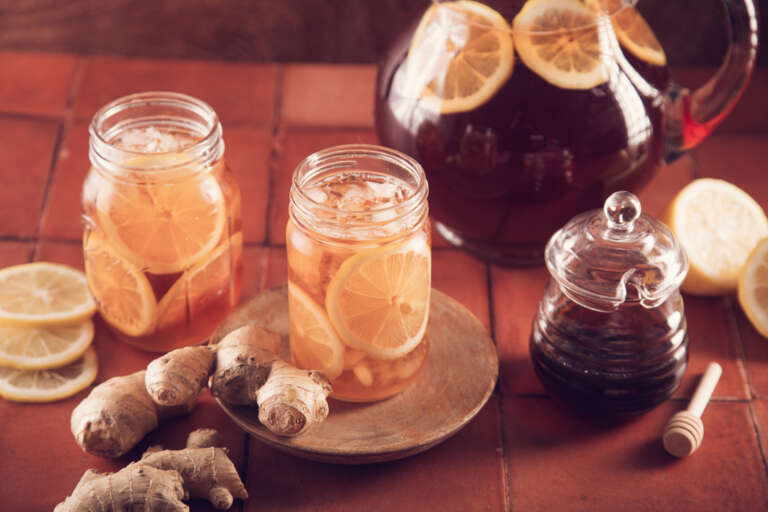 lemon ginger iced tea, gallon pitcher and serving glasses